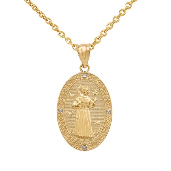 14K Solid Gold Saint Francis of Assisi Medallion Diamond Small